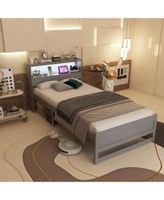 Twin Size Bed Frame with Storage Headboard and Charging Station