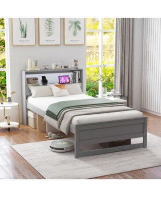 Twin Size Bed Frame with Storage Headboard and Charging Station