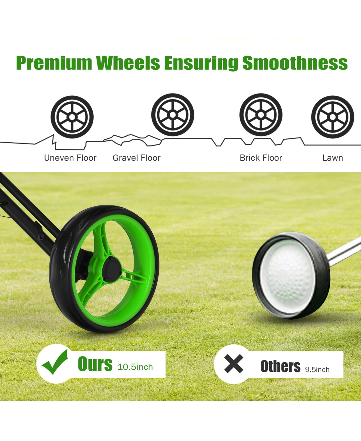 Gymax 3 Wheels Foldable Golf Push Pull Cart Trolley w/ Mesh Bag Foot Brake - Green+black