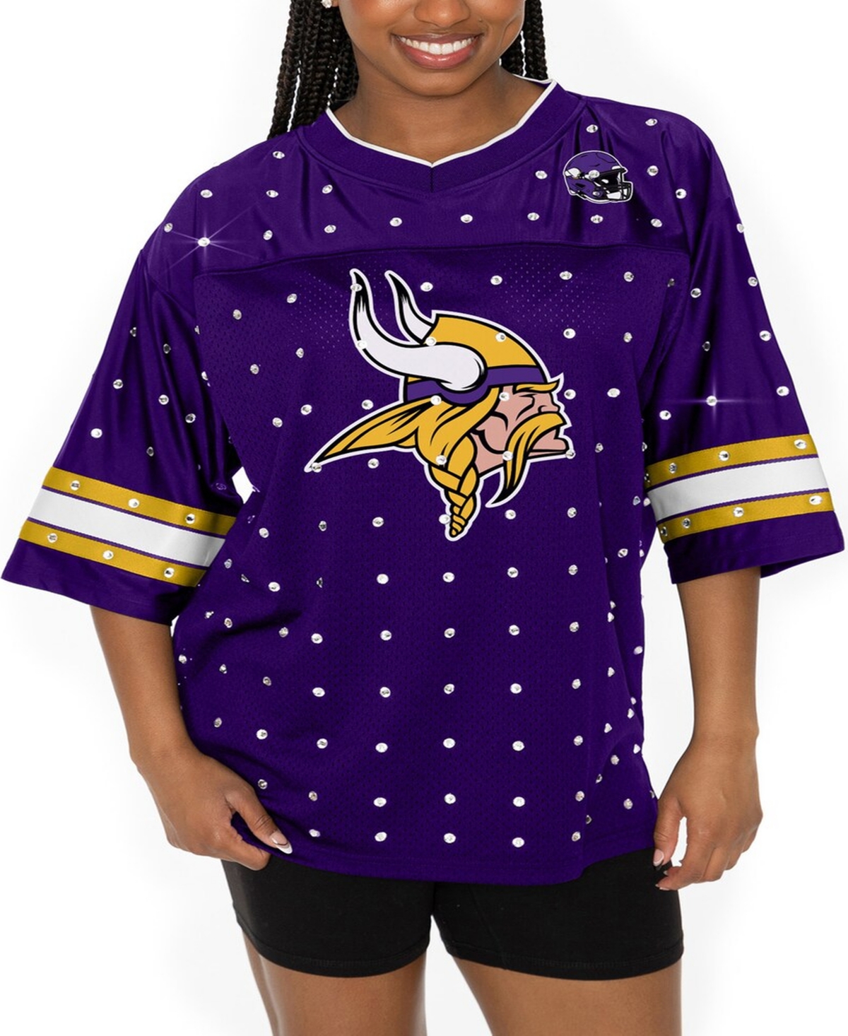 Women's Purple Minnesota Vikings All-Over Rhinestone Sports Stripe Kickoff V-Neck Fashion Half-Sleeve Jersey Top - Purple, Gold