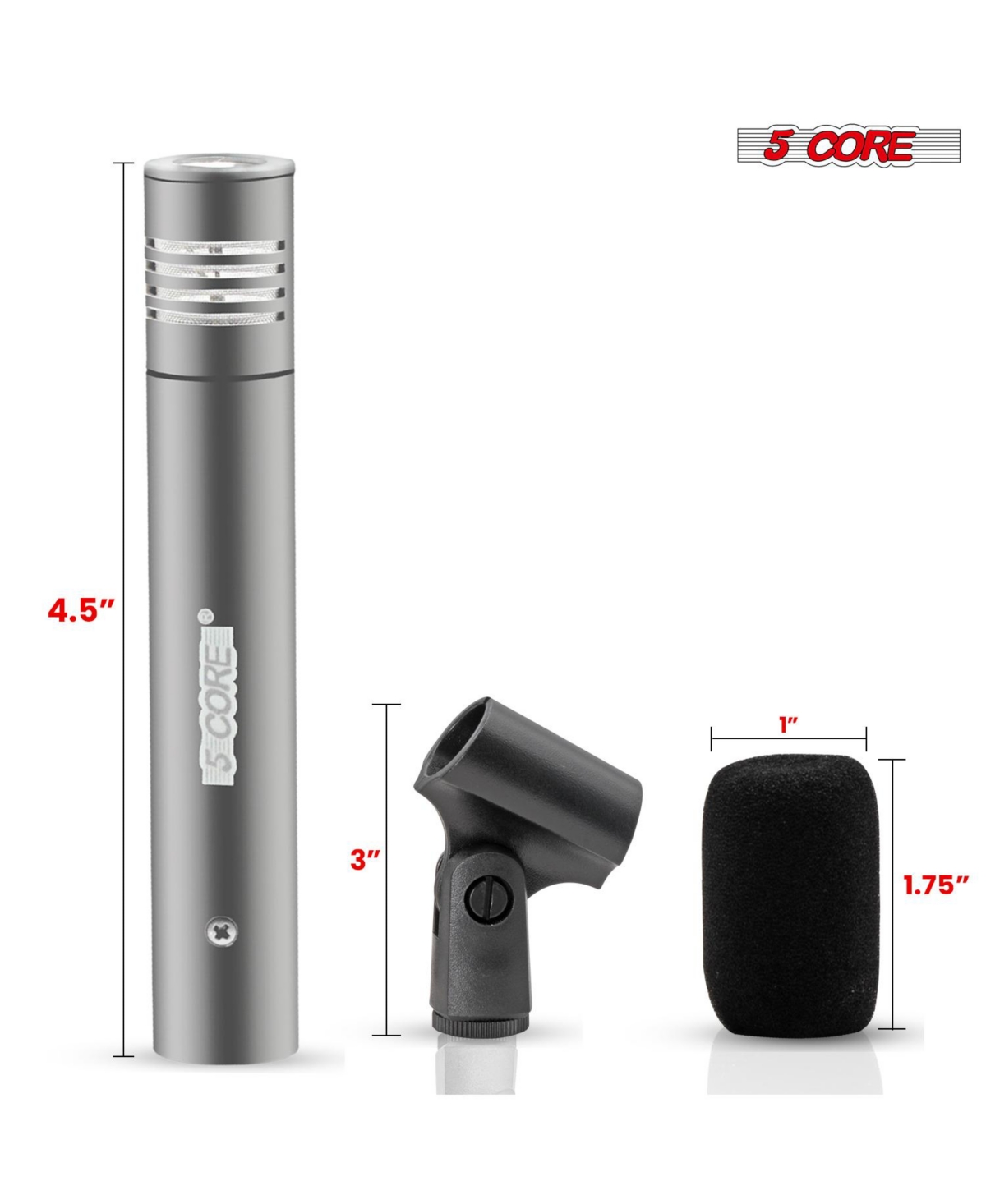 5 Core Professional Instrument Microphone Pencil Mic Condenser Cardioid Unidirectional Stick Microfono with Windscreen Mic Clip & Case Instru Mic 300