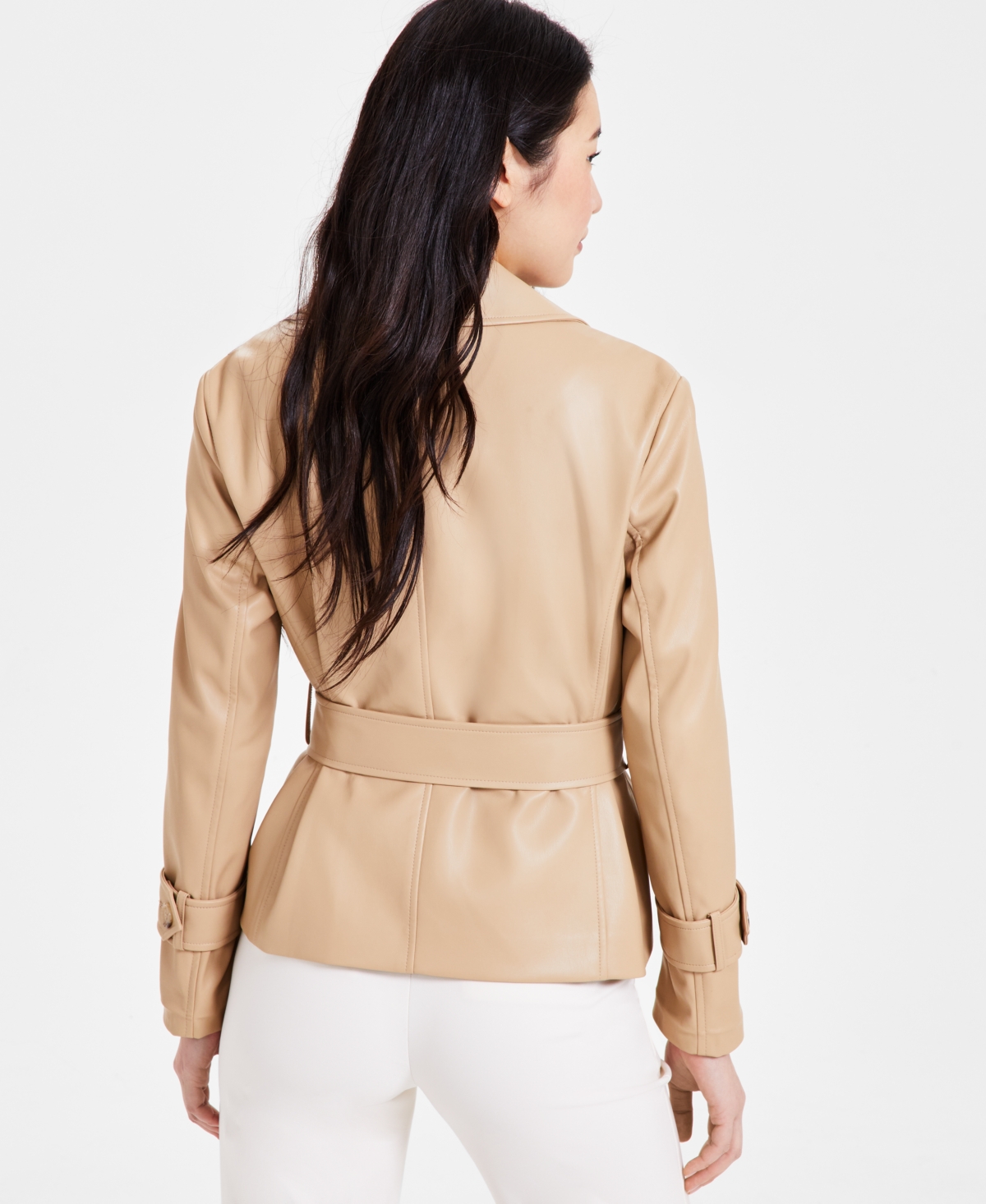 ANNE KLEIN PETITE BELTED CROSSOVER FAUX-LEATHER COAT 