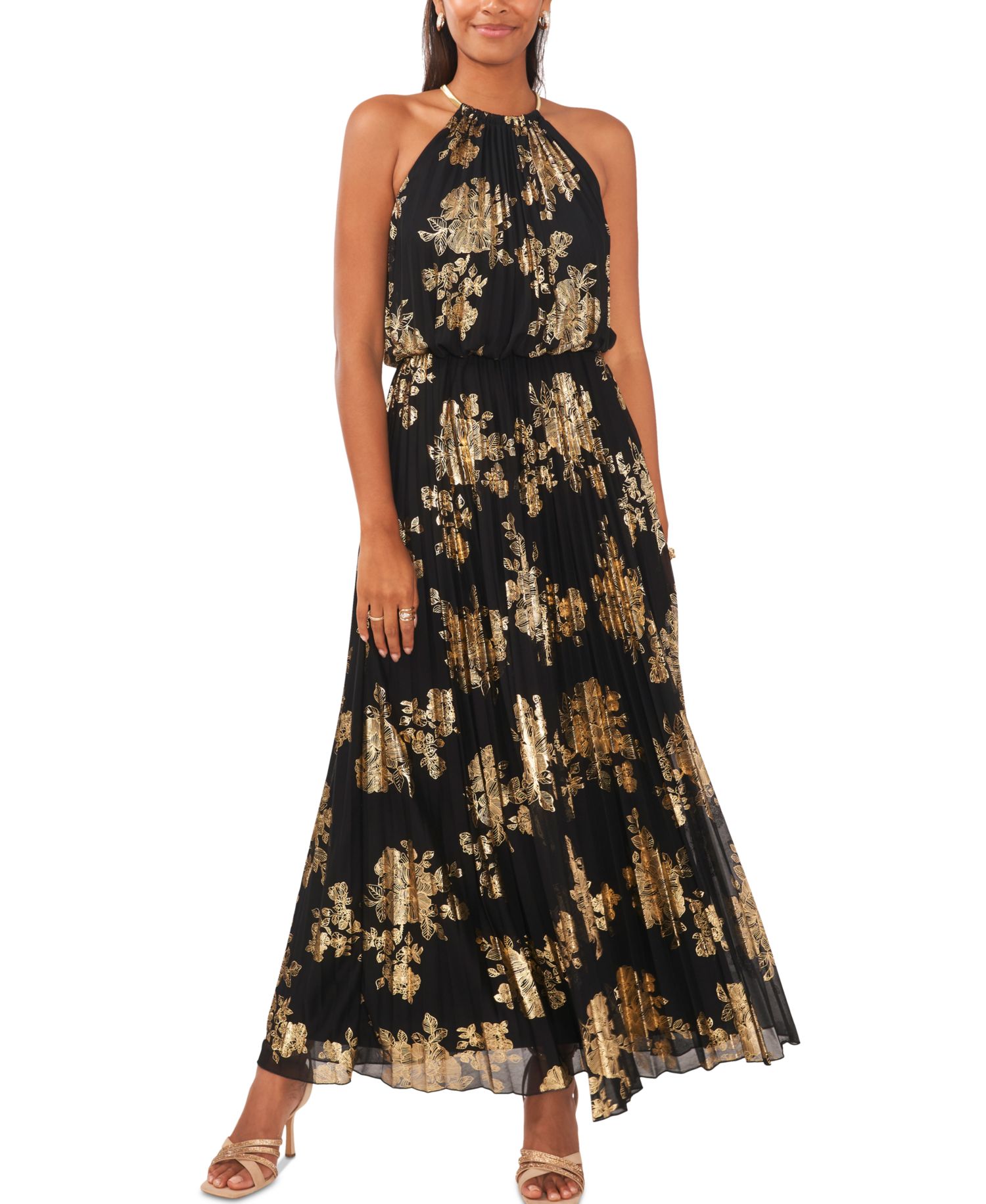 Metallic-Print Pleated Blouson Gown
