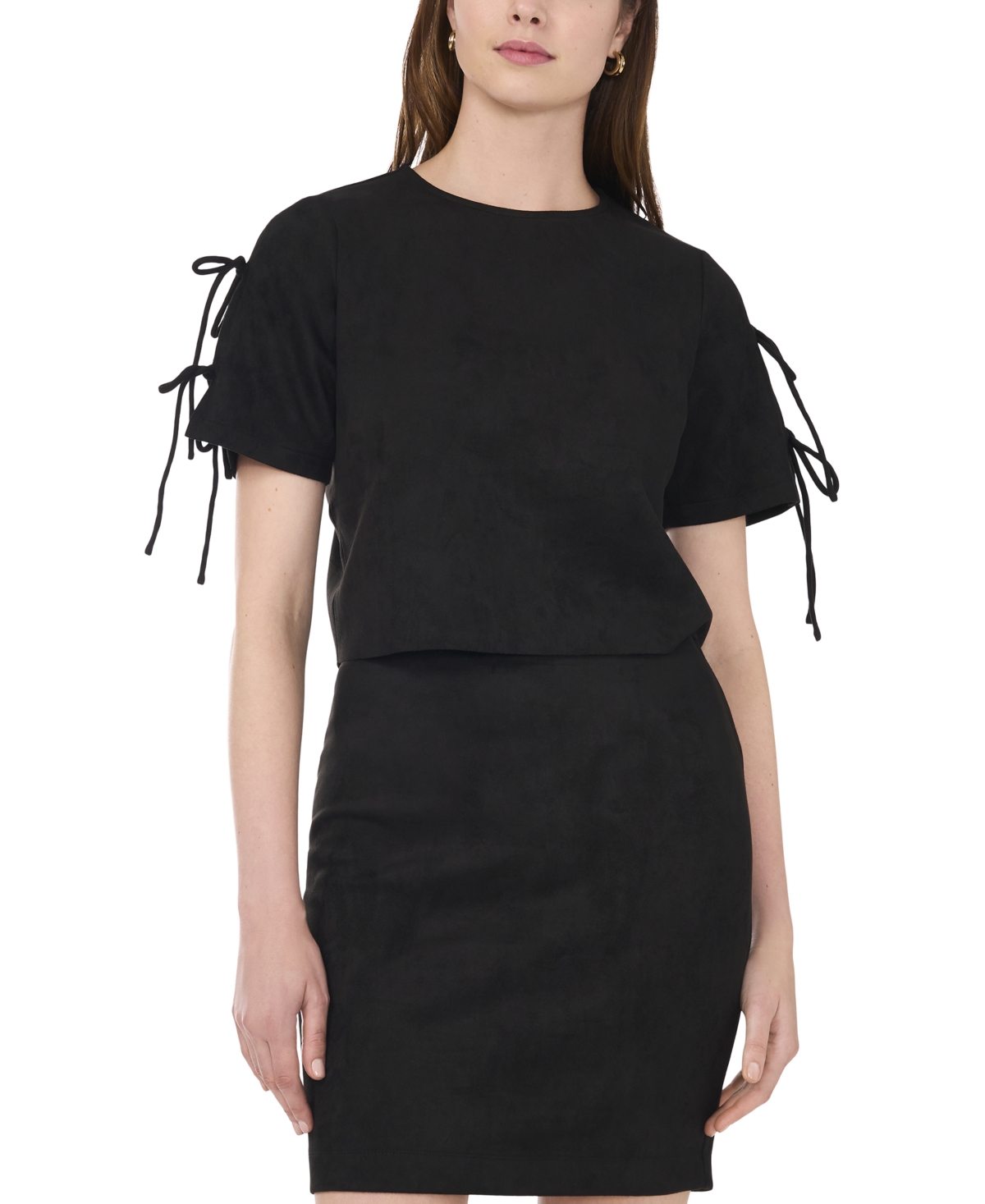 Women's Solid Tie-Sleeve Crewneck Cropped Top - Rich Black