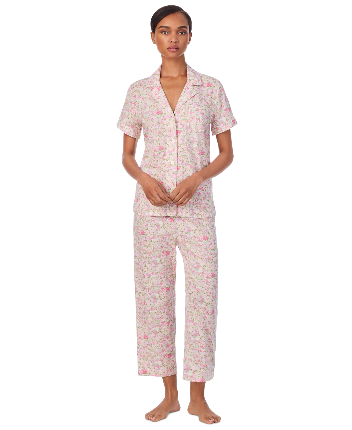 Shop Ralph Lauren Women's 2-pc. Short-sleeve Notch-collar Cropped-pant Pajama Set In Multi Floral