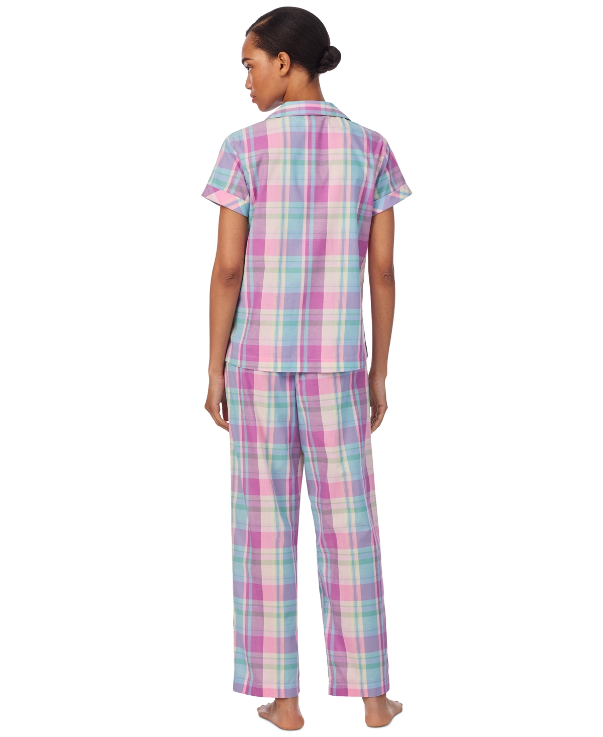 Shop Ralph Lauren Women's 2-pc. Short-sleeve Notch-collar Ankle-pant Pajama Set In Pink Plaid