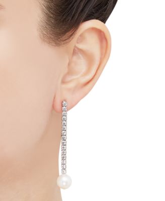 Cultured Freshwater Oval Pearl (11 x 9mm) & Cubic Zirconia Bow Drop Earrings in Sterling Silver