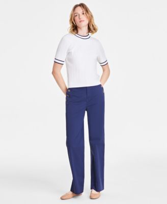 Womens Tipped Cable Knit Short Sleeve Sweater Solid High Rise Wide Leg Sailor Pants Exclusively At Macys