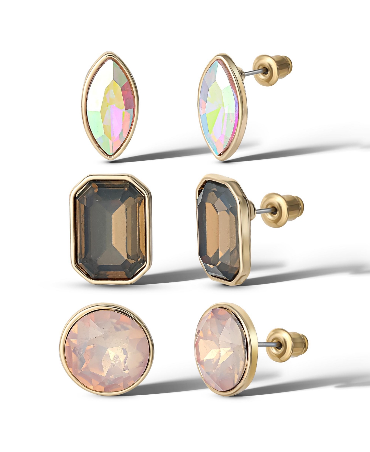 Multi-Stone Stud Black Pink and Ab Cyrstal Earring Set - 3 Pairs - Black, pink, multi colored