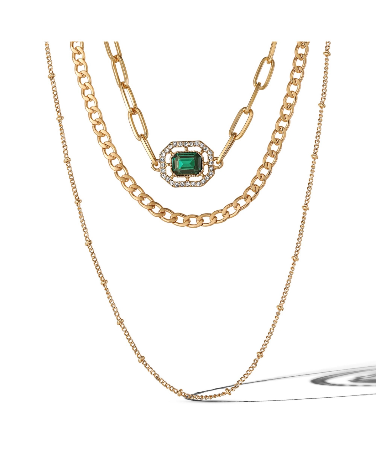 Gold-Tone Layered Necklace with Green Gemstone Accent - Gold tone, green