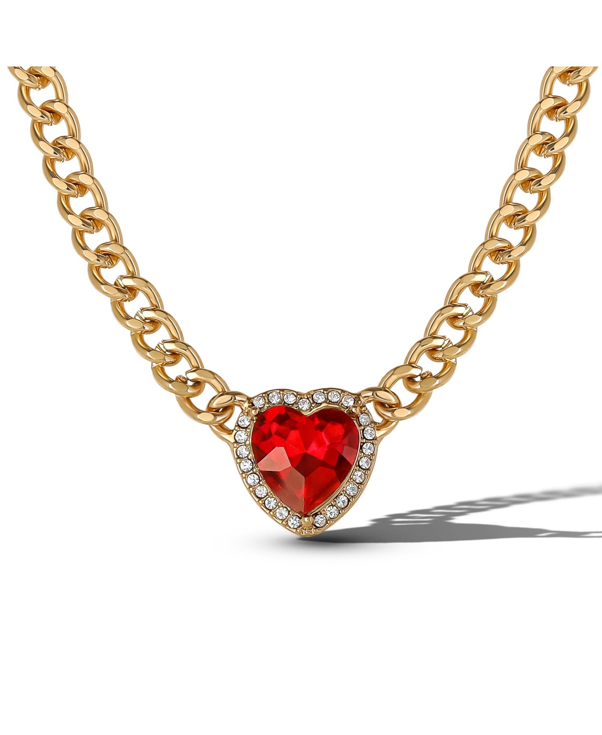 Gold-Tone Chain Necklace with Red Heart Gemstone - Gold tone, red