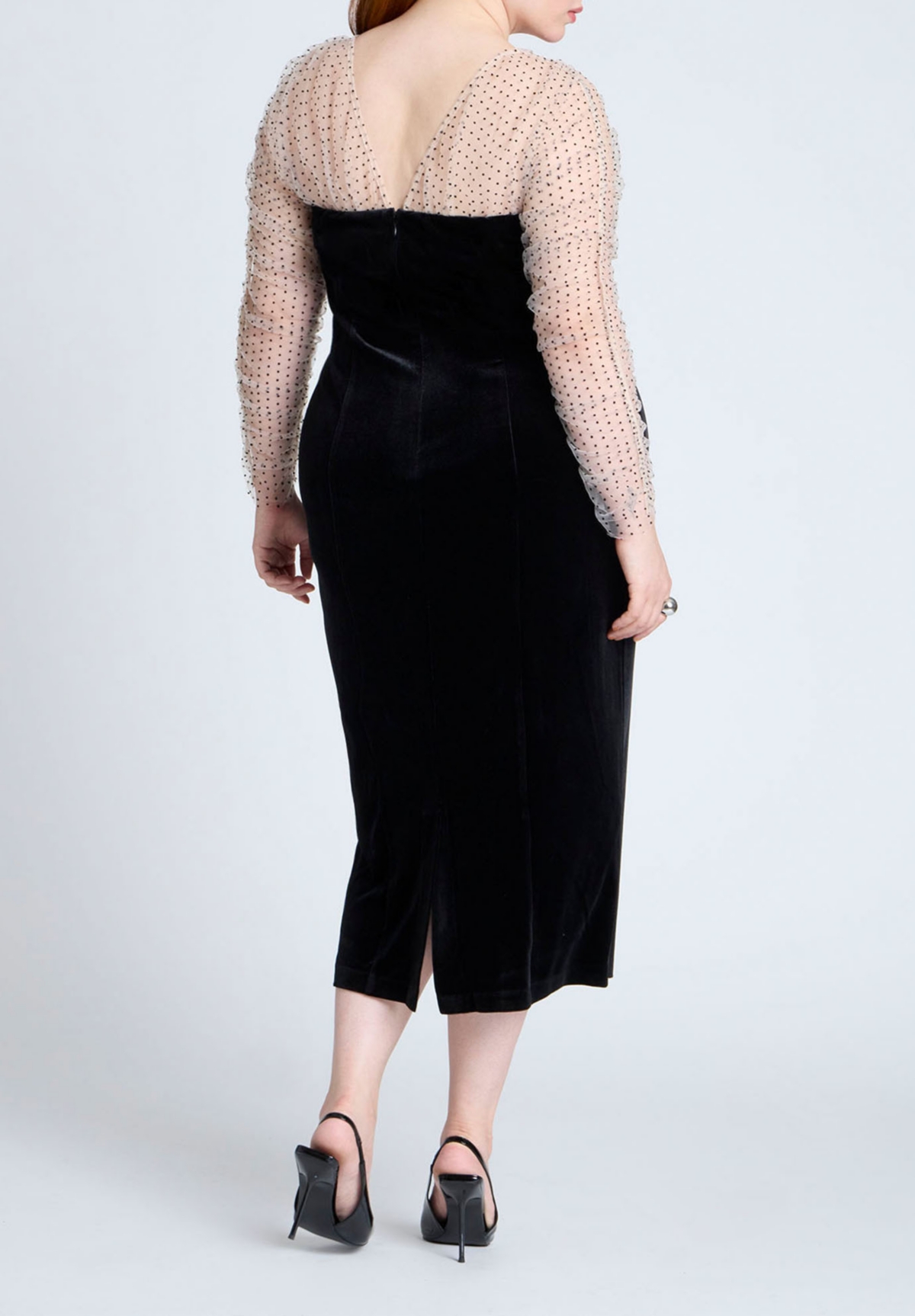 Eloquii Plus Size Velvet Midi Dress With Polka Dot Sleeve