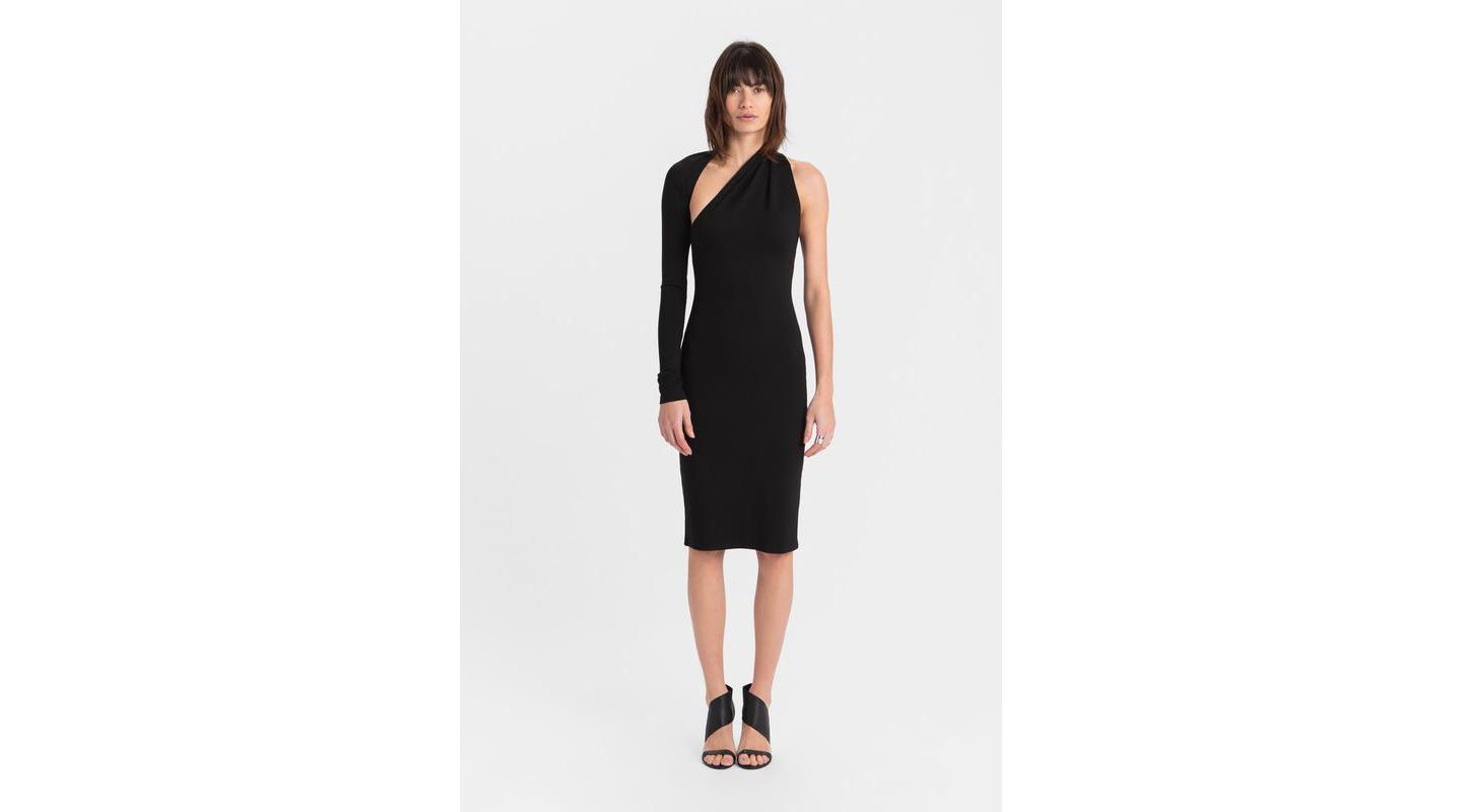 Женское платье Marcella Manhattan One-Shoulder Long-Sleeve Open-Back Fitted Midi, цвет: Чёрный — фото 1