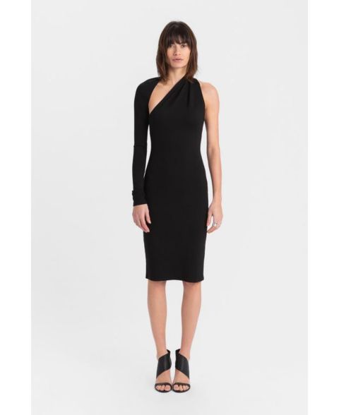 Женское платье Marcella Manhattan One-Shoulder Long-Sleeve Open-Back Fitted Midi, цвет: Чёрный