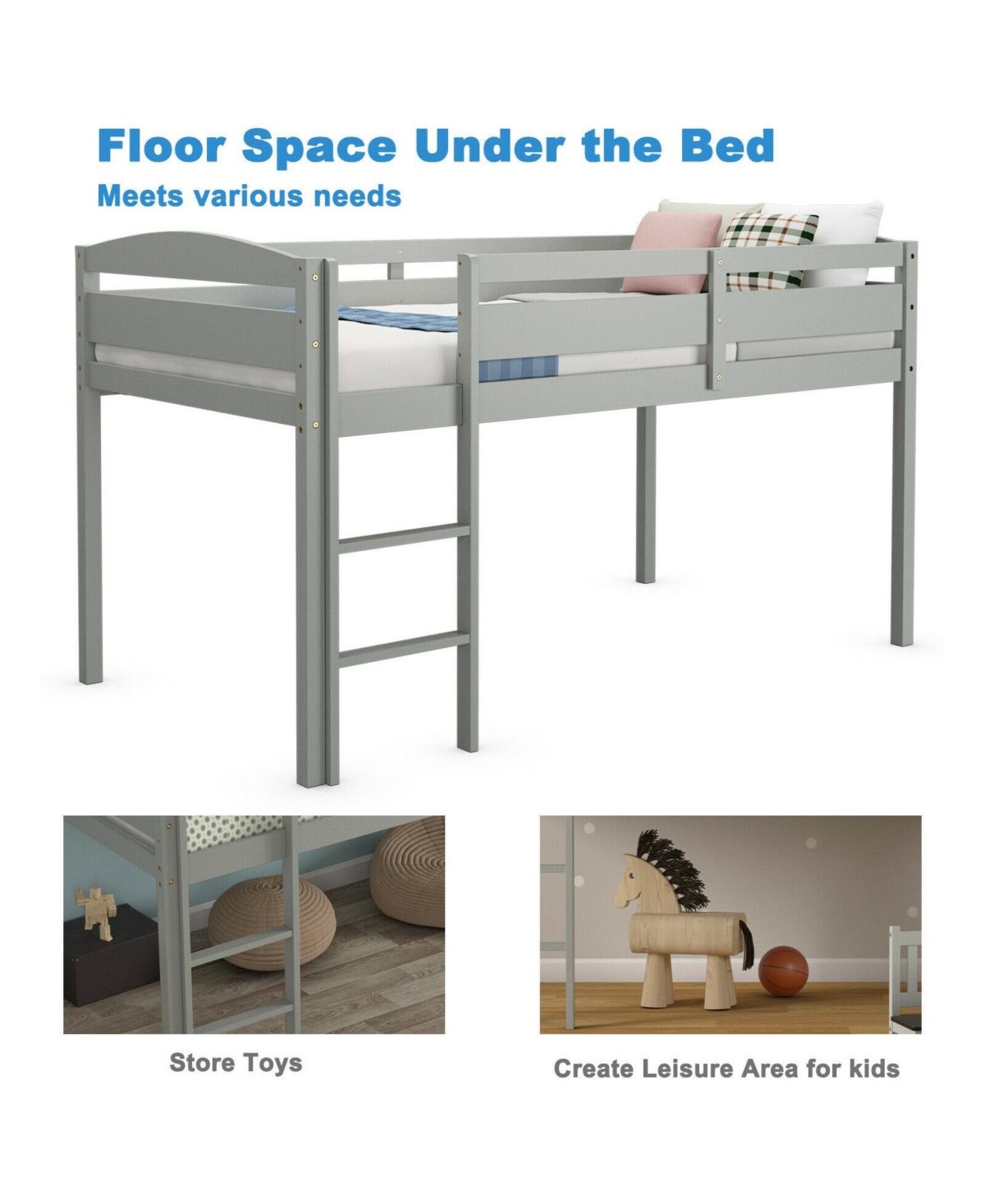 Gouun Wooden Twin Low Loft Bunk Bed with Guard Rail and Ladder
