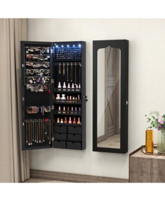 Lockable Wall Mounted Mirror Jewelry Armoire with 5 LEDs and 6 Drawers
