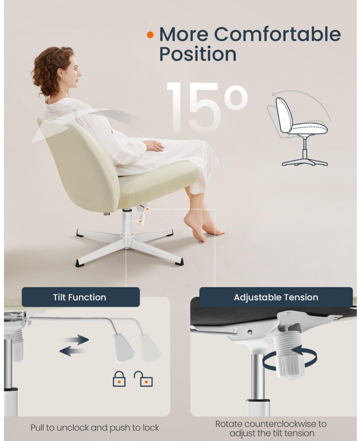 Slickblue Criss Cross Armless Office Chair with Wheels, Adjustable Height, Swivel Desk & Vanity Chair with Comfortable Cotton-Linen Seat
