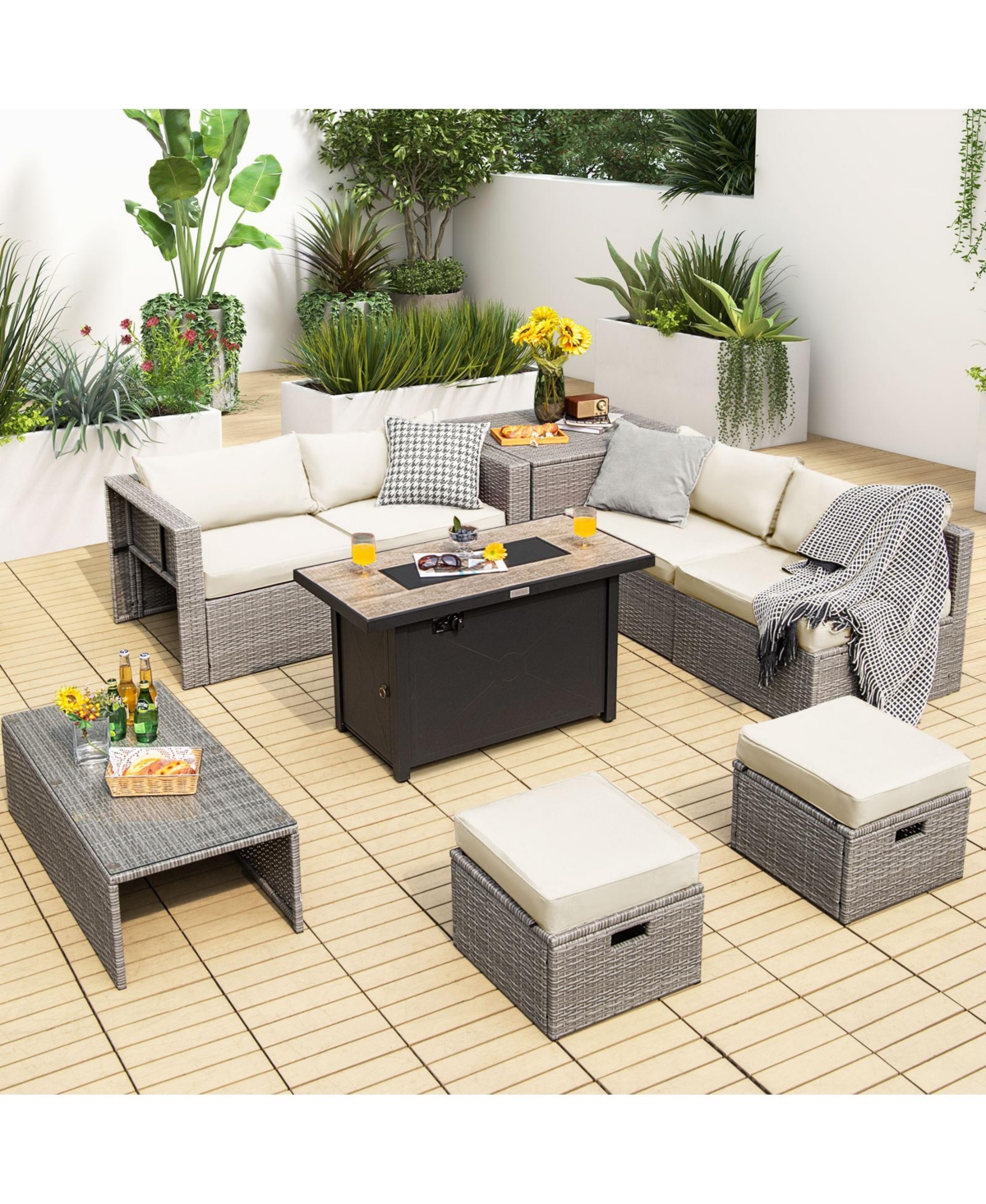 9 Pieces Patio Furniture Set with 42 Inches 60000 Btu Fire Pit