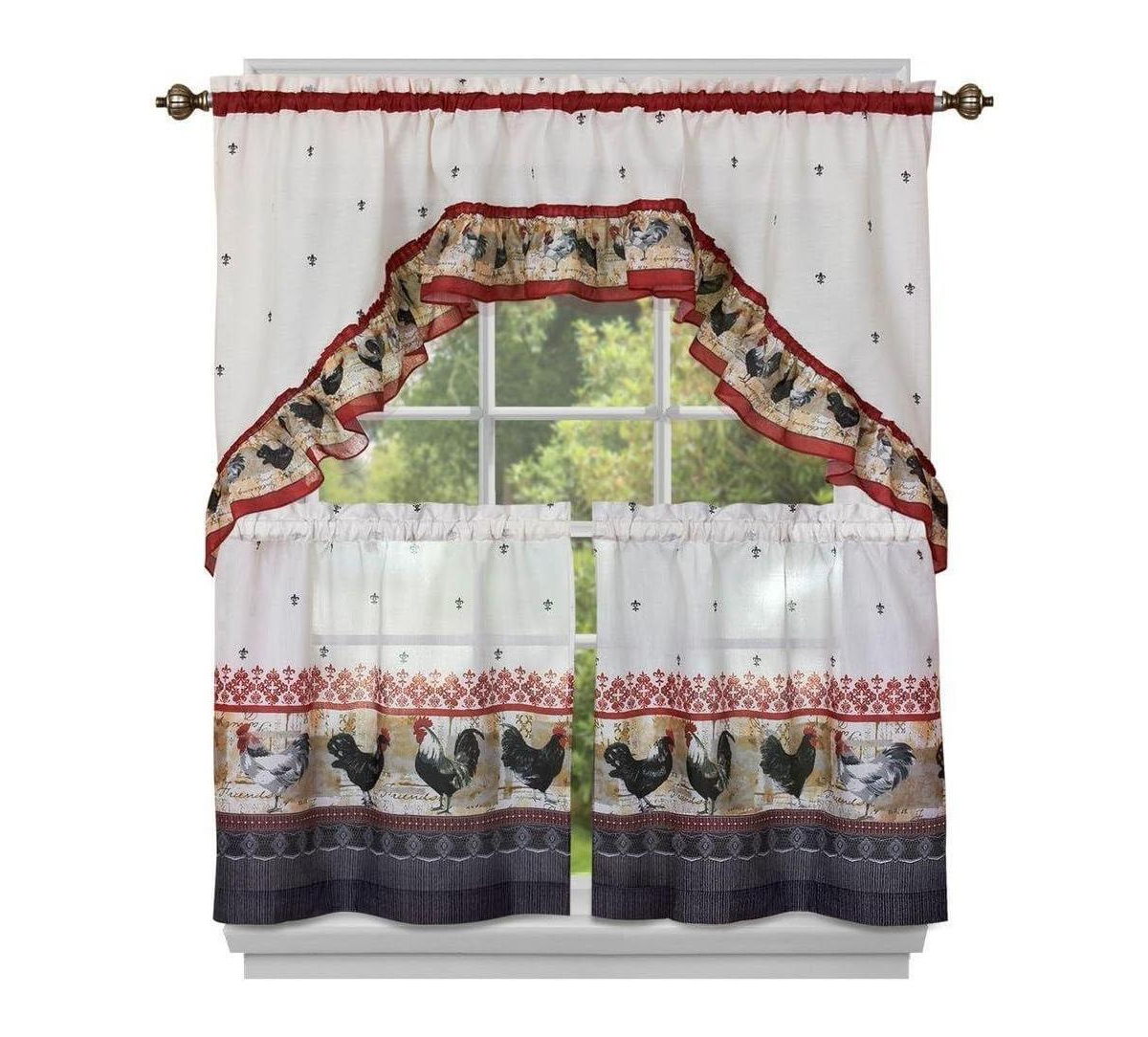 Old Country Rooster Cottage Kitchen Curtain Tier & Swag Set - Red