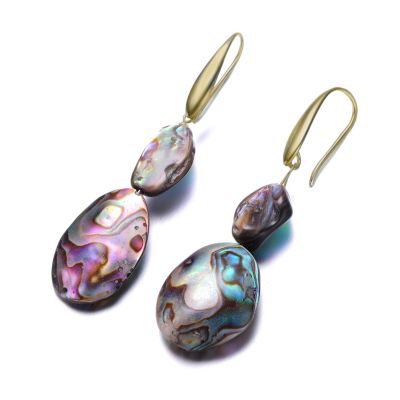 Sterling Silver 14K Gold Plated with Turtle Shell Abalone Dangle Earrings