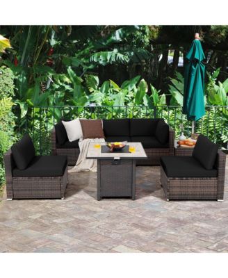 7PCS Patio Rattan Furniture Set 30'' Fire Pit Table Cover Cushion Sofa