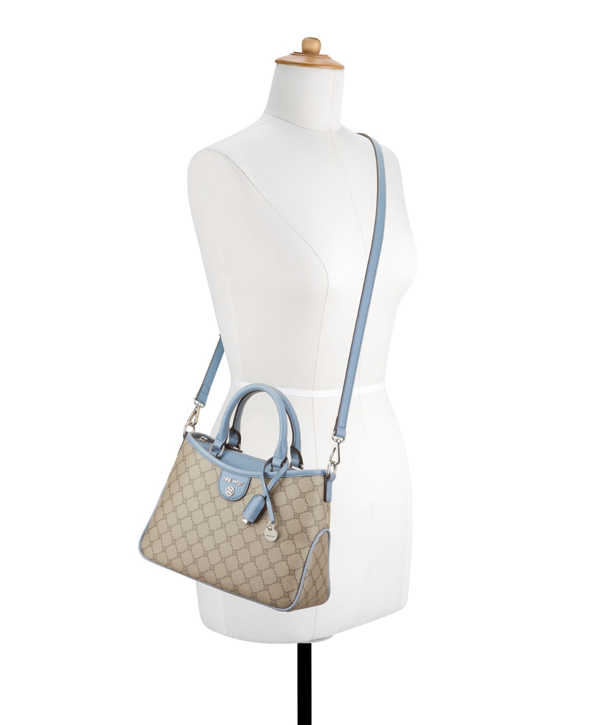 Nine West Kiley Removable Strap Medium Satchel Bag In Beige Logo Bluestone