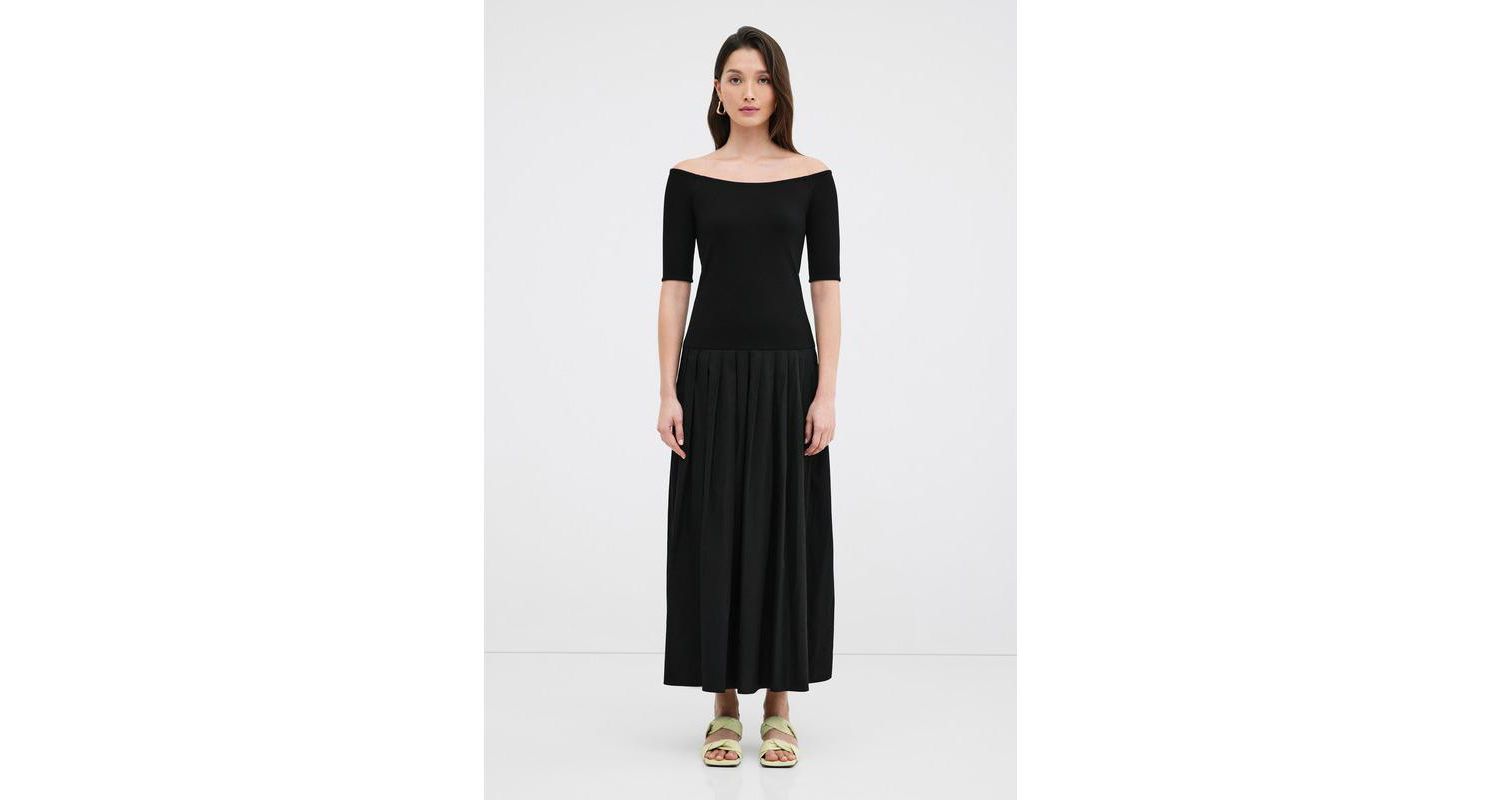 Women's Mila Off-Shoulder Dropped-Waist Pleated Cotton Dress with Pockets