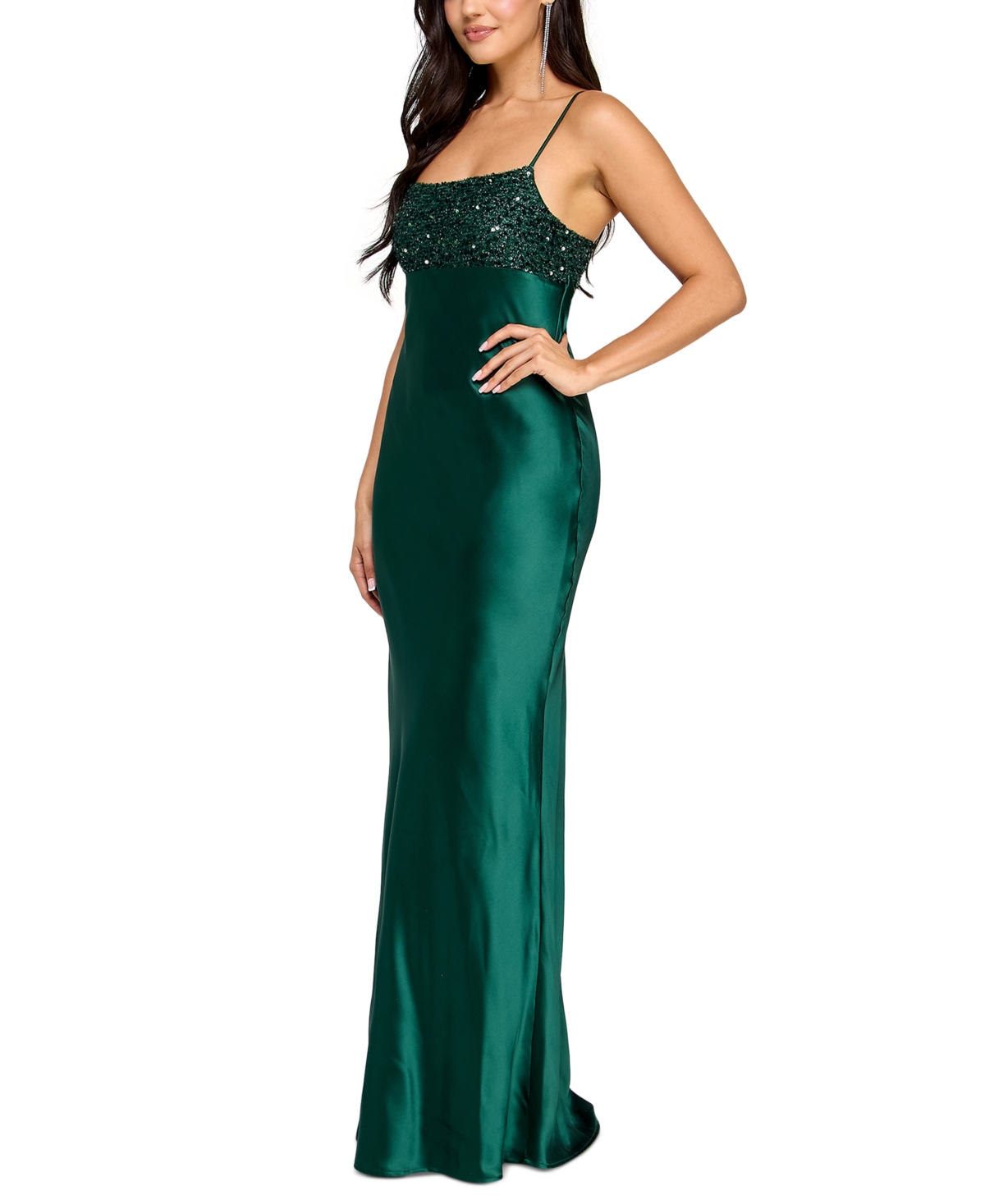 Sundae Juniors' Sequined-Top Lace-Up-Back Gown - Emerald