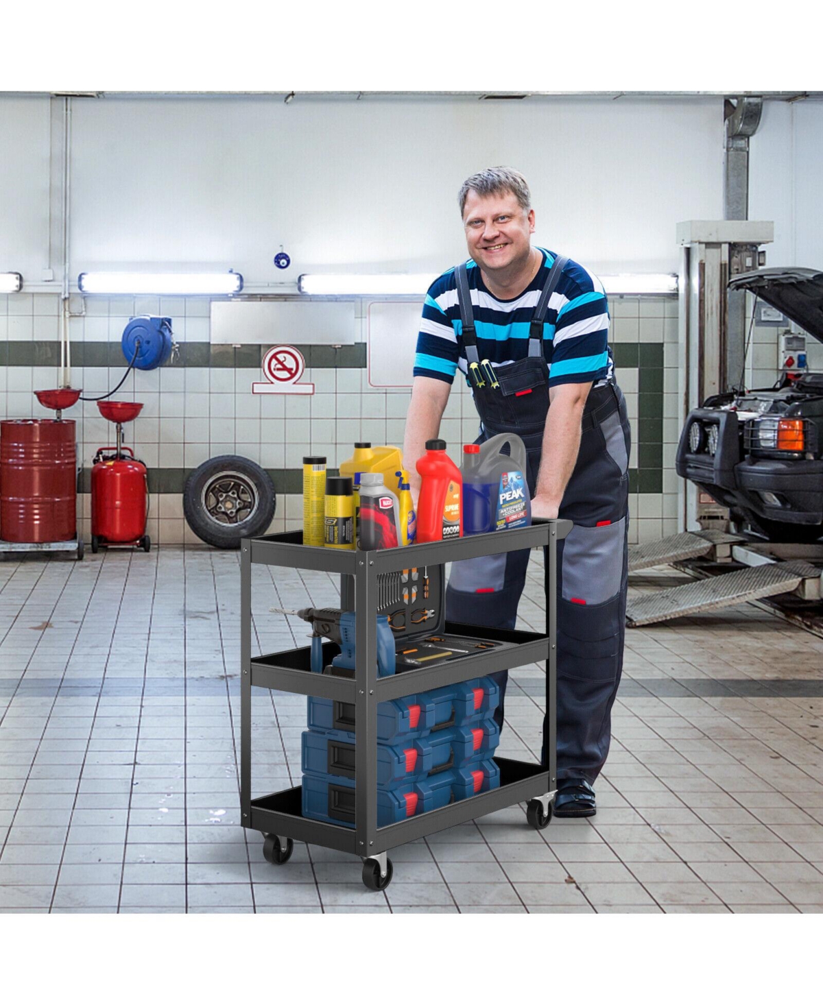 Gouun 3-Tier Metal Utility Cart Trolley Tool with Flat Handle and 2 Lockable Universal Wheels