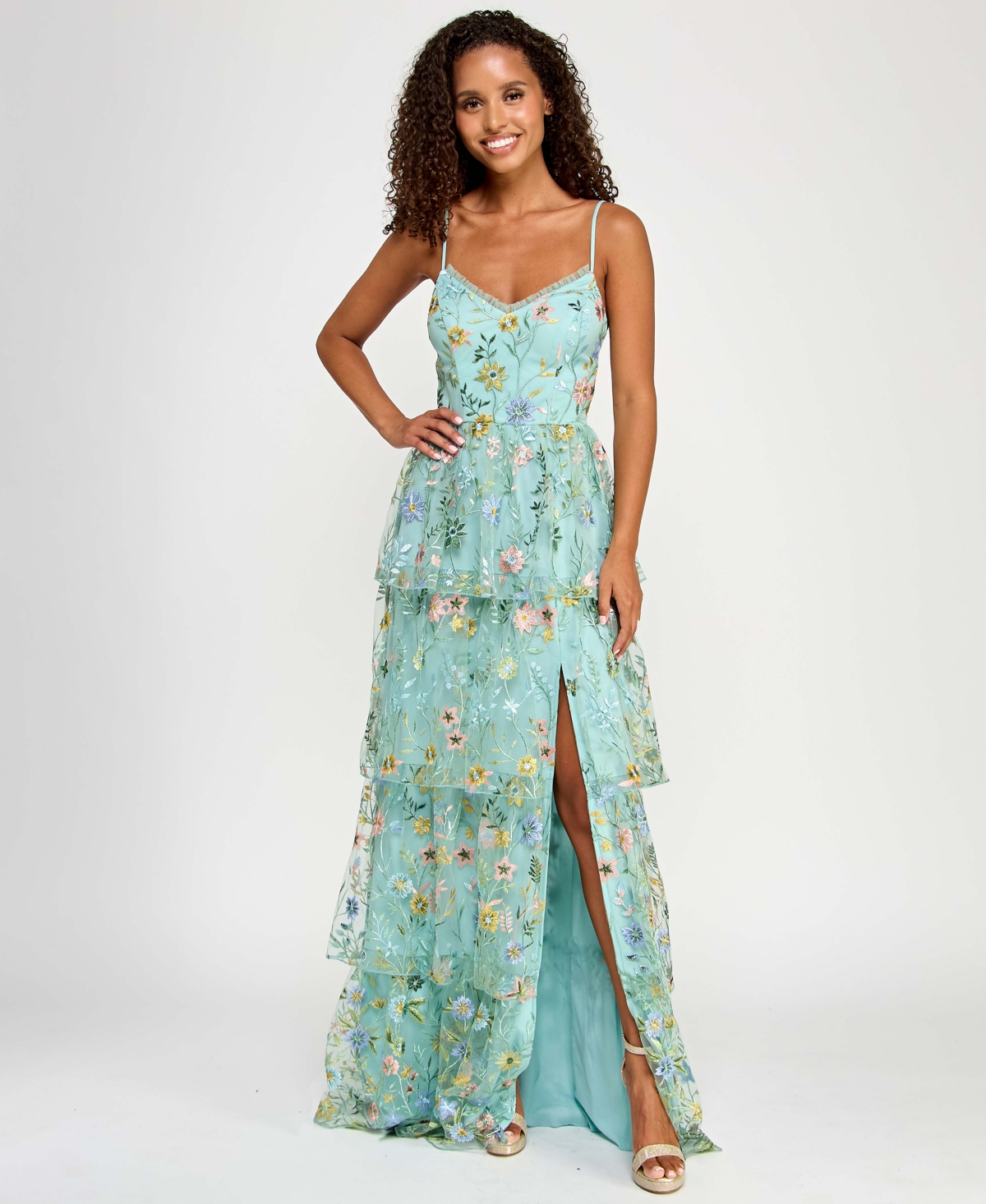 Shop City Studios Juniors' Ruffled Embroidered Tiered Gown, Created For Macy's In Mint Multi