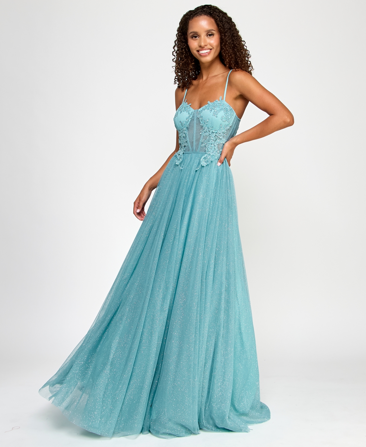 CITY STUDIOS JUNIORS' EMBELLISHED LACE-TRIM CORSET GOWN 