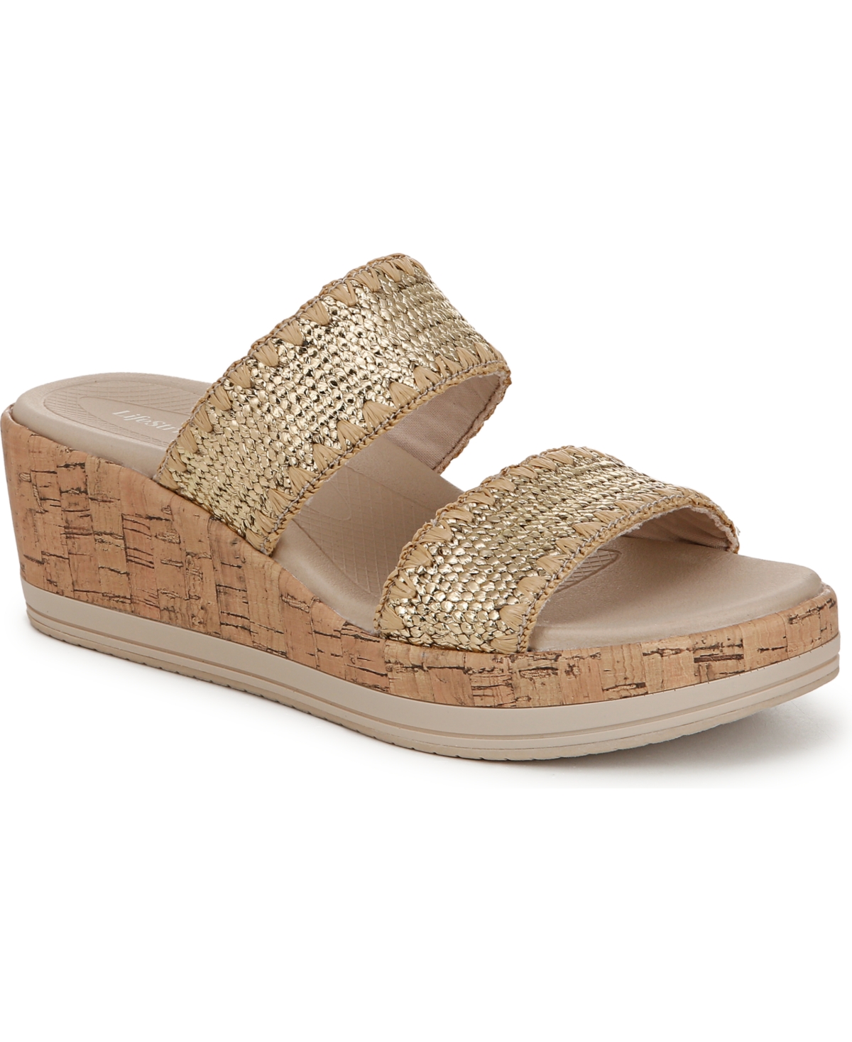 LifeStride Women's Resort Washable Slide Wedge Sandals - Gold Stretch Raffia Fabric