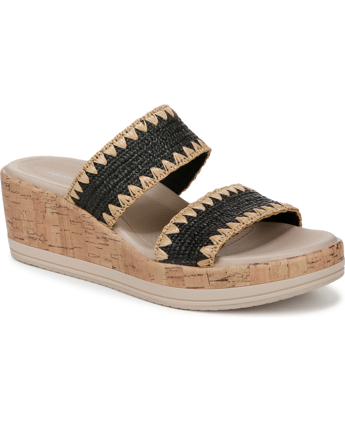 Women's Resort Washable Slide Wedge Sandals - Black Multi Raffia Fabric