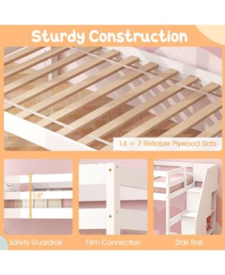 Home Wood Bunk Bed with Guard Rail and 4-step Storage Stairs No Box Spring Needed