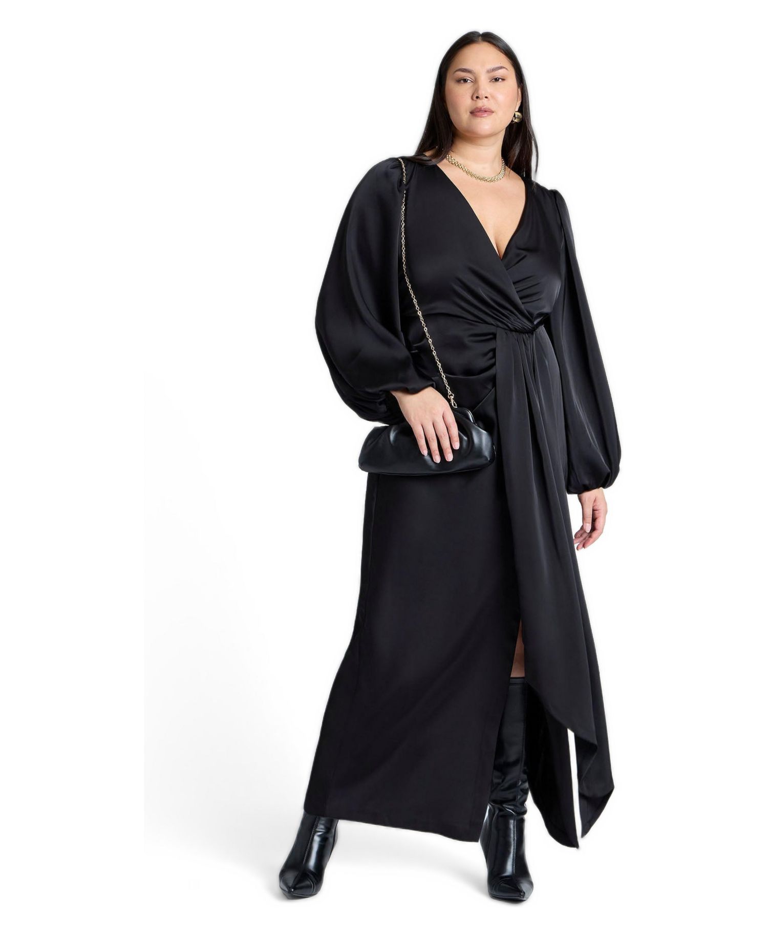 Women's Pleated Satin Puff-Sleeve Maxi Dress