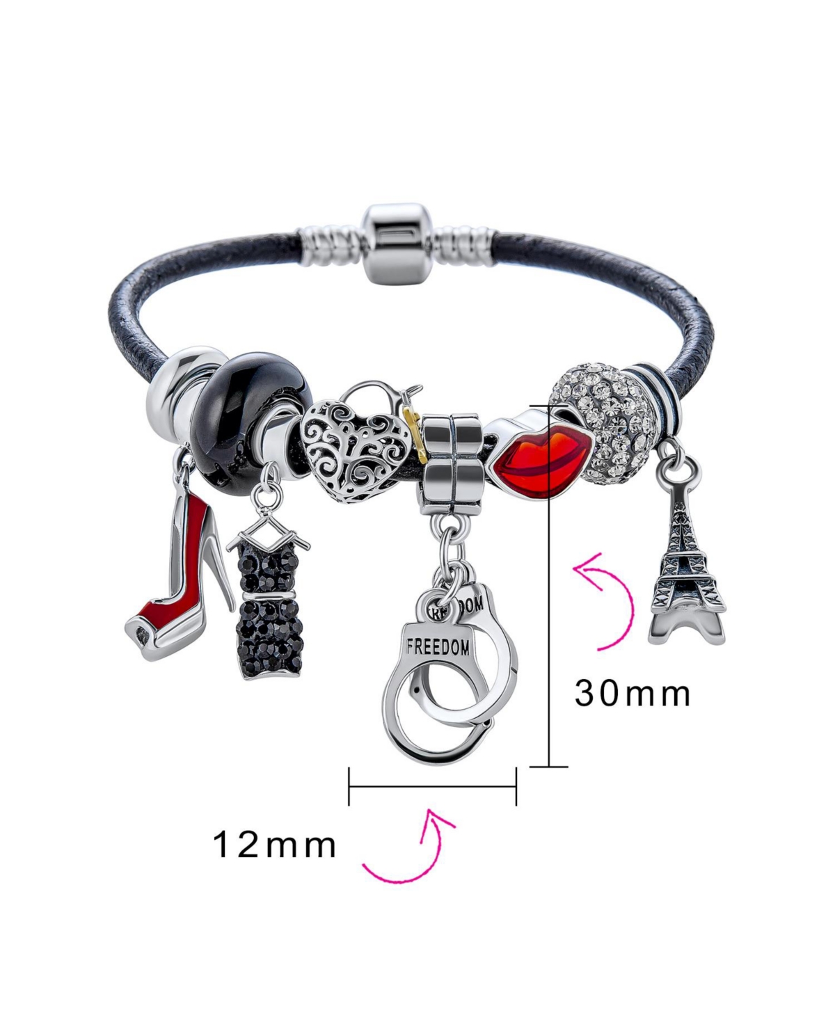 Bling Jewelry Handcuff Themed Multi Charm Heart Charm Bracelet Black Leather Sterling Silver 6.5-8