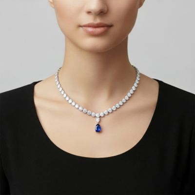 Women's Luxurious Heart Tennis Necklace Blue Heart Charm Drop