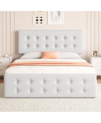 Queen Size Bed Frame with 4 Storage Drawers and Headboard, PU Upholstered Platform Bed Frame with Stitched Button Tufted Design, Wooden Slats Support, No Box Spring Needed