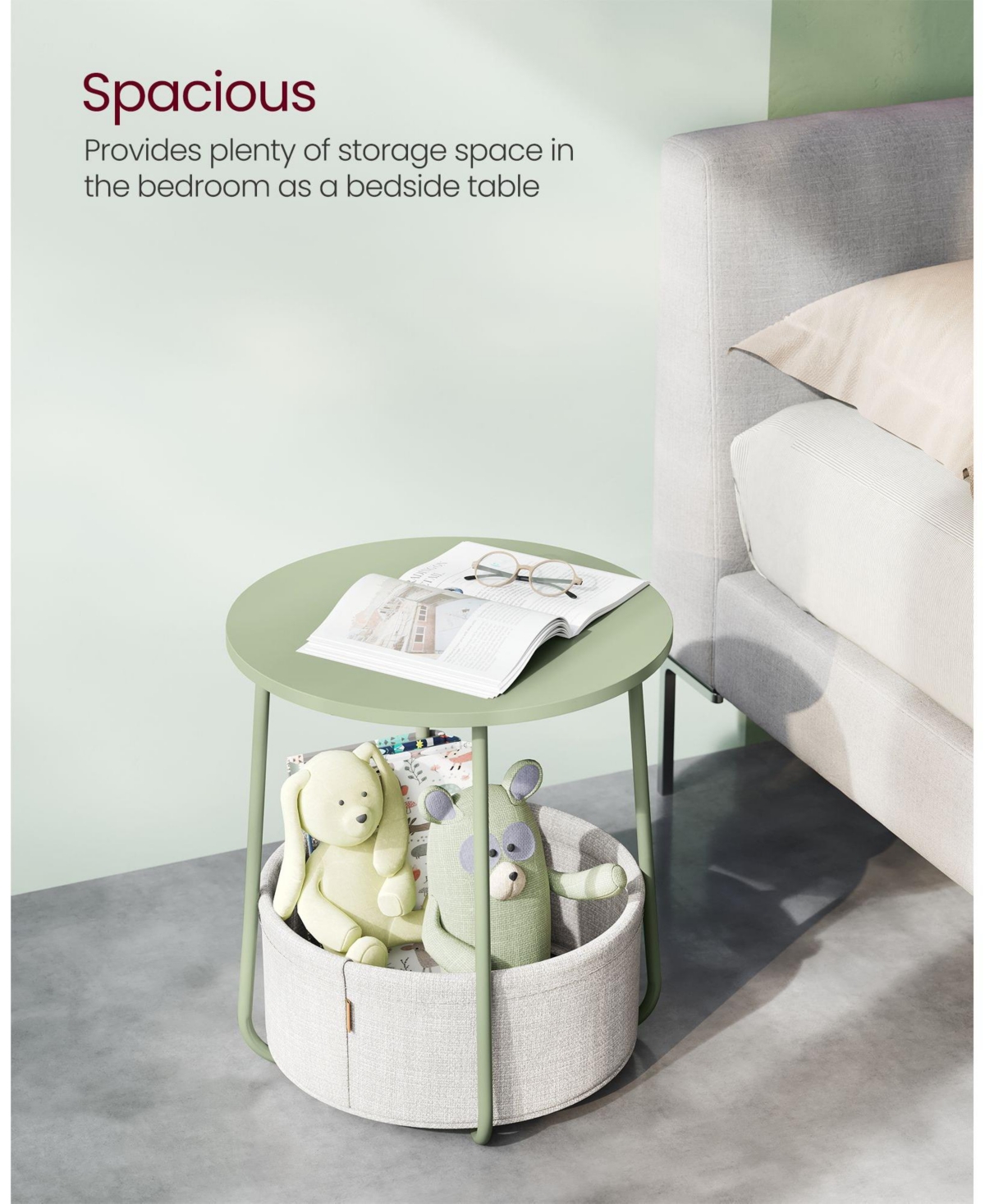 Slickblue Small Round Side End Table, Modern Nightstand with Fabric Basket