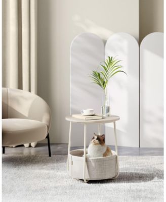 Small Round Side End Table, Modern Nightstand with Fabric Basket