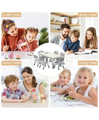 Kids Table and 6 Chair Set with Storage Box, Height Adjustable Toddler Table and Chairs Set for Ages 2-10, Graffiti Desktop, Non-Slip Legs, Children Activity Table for Daycare Classroom Home