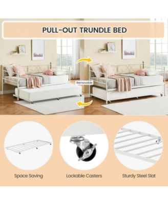 Twin Daybed with Trundle, Modern Metal Daybed with Classic Headboard, Steel Slat Support Sofa Bed for Bedroom, Living Room, Guest Room