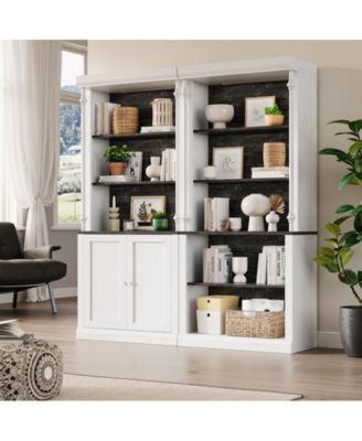 Tall Storage Bookcase with 3-Tier Open Shelves and Double Door, Roman Column Design and 4 Adjustable Lights, White & Black Wood Grain Display Storage Cabinet for Home Office, Living Room