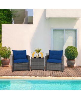 3 Pieces Outdoor Wicker Conversation Set with Tempered Glass Tabletop