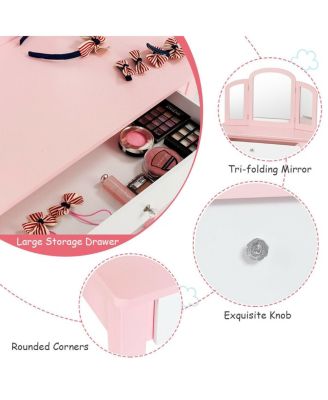 Kids Princess Make Up Dressing Table with Tri-folding Mirror and Chair