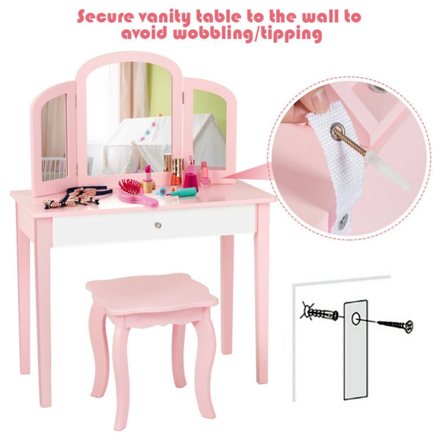 Kids Princess Vanity Dressing Table Set with Tri-Fold Mirror and Chair