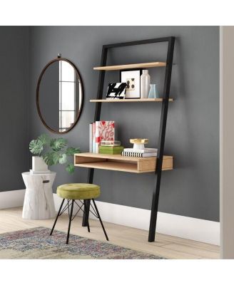 Farmhouse Rustic Leaning Ladder Writing Desk with 2 Shelves for Storage