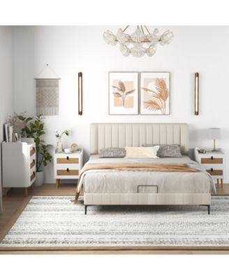 Modern End Table Bedside Table with 2 Rattan Decorated Drawers