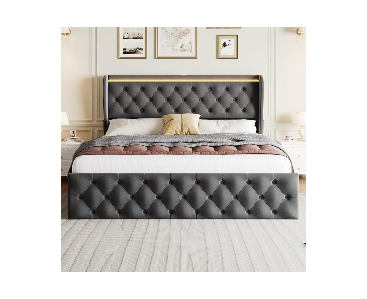 gaomon Led Bed Frame with Charging Station, Velvet Upholstered Platform Bed Frame with Button Wingback Headboard, Metal Frame with No Box Spring