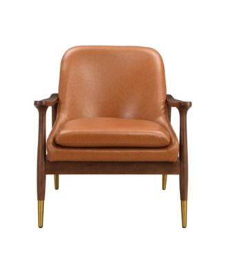 9.2'' Mid-Century Faux Leather Accent Chair with Cushioned Seat, Solid Wood Frame, and Brass-Tipped Legs，Brown